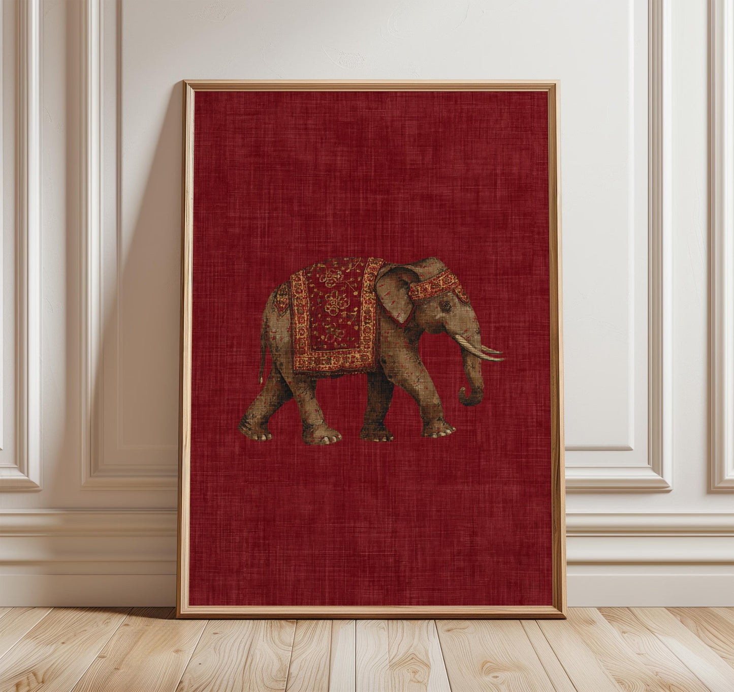 Indian Elephant Pattern Print, Red Textile Wall Art, Boho Tribal Decor