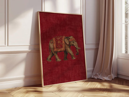 Indian Elephant Pattern Print, Red Textile Wall Art, Boho Tribal Decor