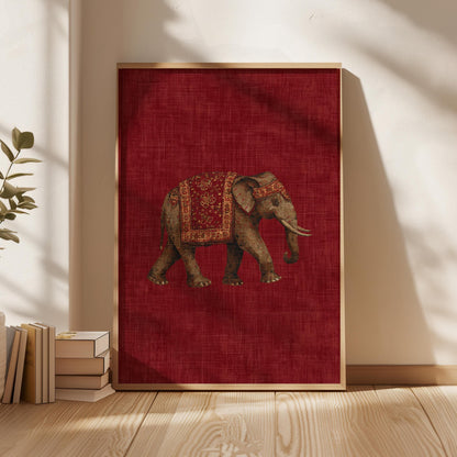 Indian Elephant Pattern Print, Red Textile Wall Art, Boho Tribal Decor